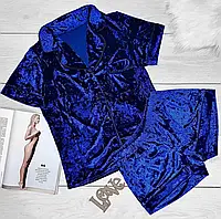 Пудровая женская бархатная / велюровая пижама рубашка и шорты в стиле Виктории Сикрет Синий
