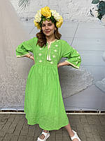 Платье с вышивкой на натуральной ткани, сочный зеленый 42-48 р-ры