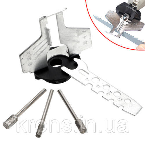 Насадка приставка для заточування ланцюгової пили бензопили і шаблон, 3 насадки, фото 1