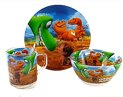 Дитячий набір скляного посуду для годування Динозавр 3 предмети Metr+
