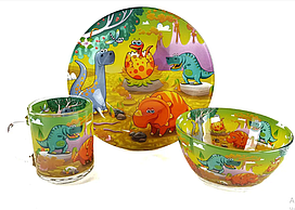 Дитячий набір скляного посуду для годування Динозаври 3 предмета Metr+