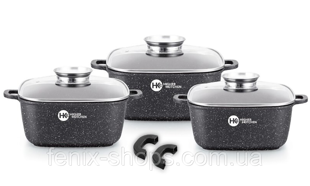 Набір каструль з гранітним антипригарним покриттям 6 предметів High Kitchen HK-302 ЧОРНИЙ