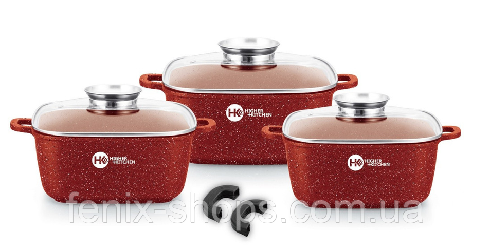 Набір каструль з гранітним покриттям антипригарним 6 предметів Higher Kitchen HK-302 ЧЕРВОНИЙ