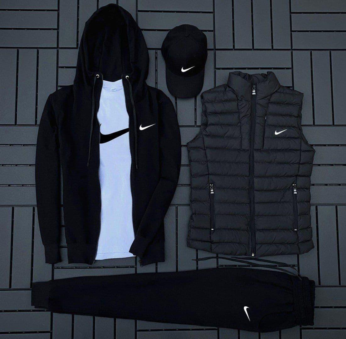 Чоловічий зимовий спортивний костюм Nike чорний Костюм + Футболка + Кепка + Жилетка