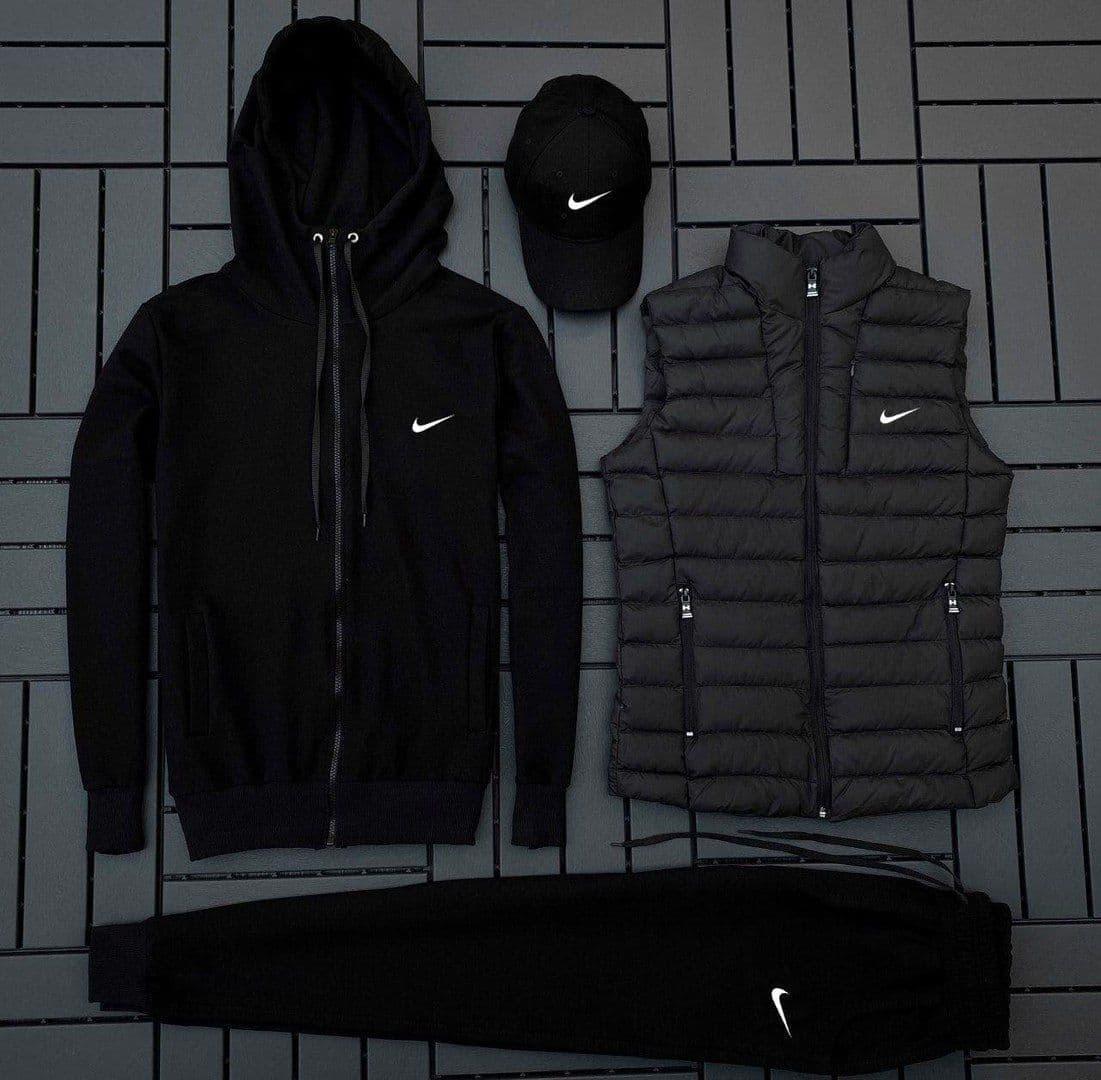 Чоловічий спортивний костюм Nike 4в1 весняний осіннійКомплект Найк худи + штаны + кепка + жилетка чорний