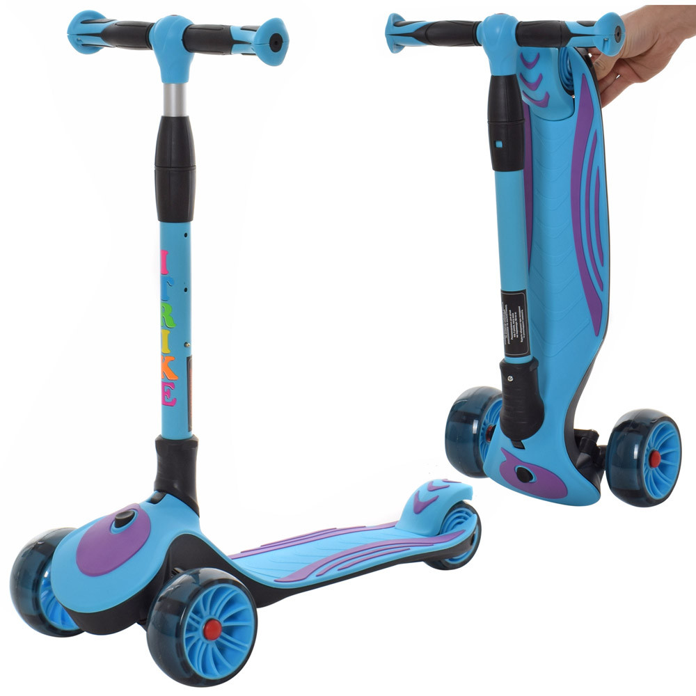 Самокат детский трехколесный складной для мальчиков Синий SPORT KIDS 2588 со светящимися колесами с фиолетовым
