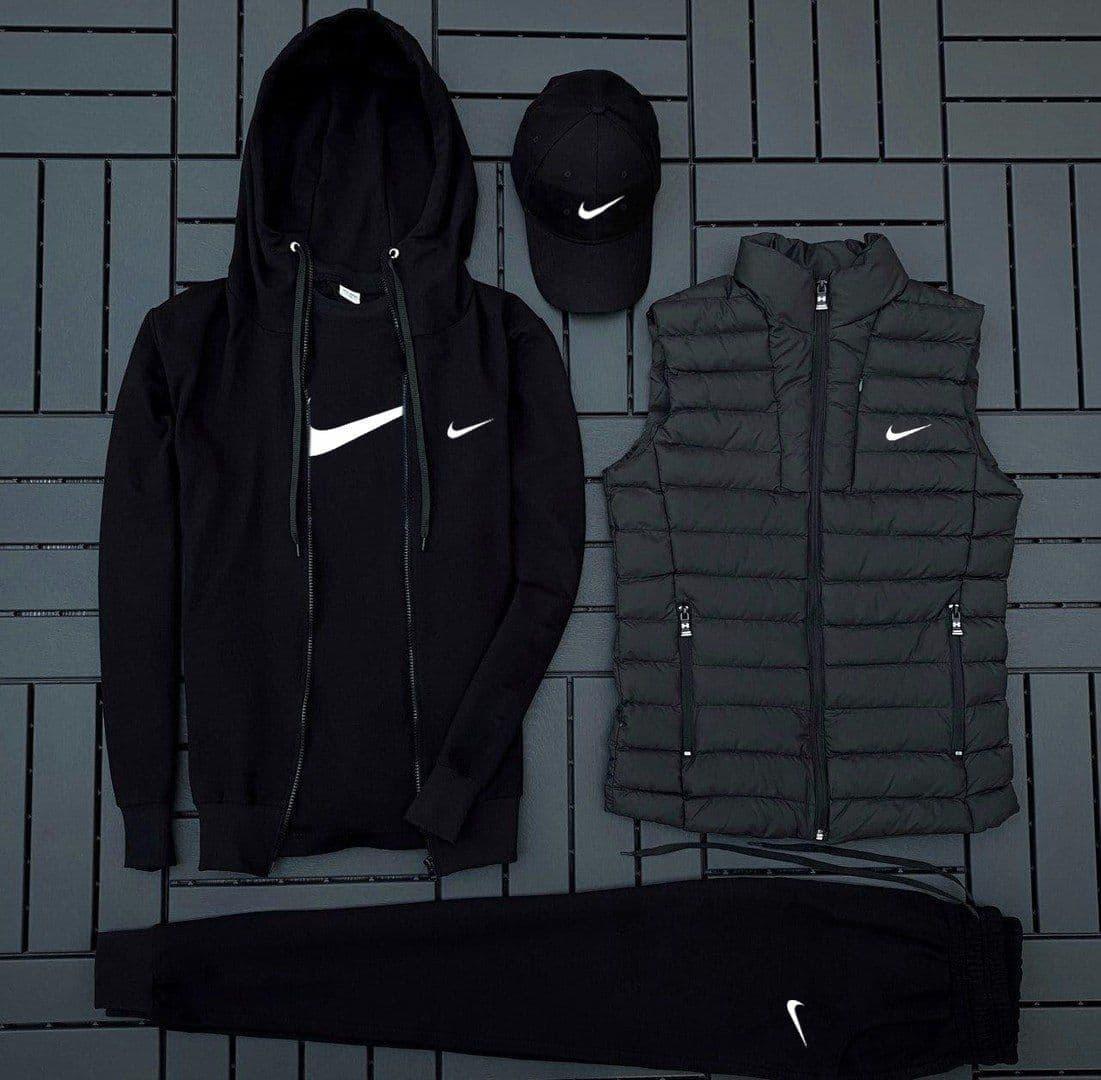 Чоловічий спортивний костюм Nike 5в1 весняний осінній lock Комплект Найк худі+штани+футболка+кепка+жилетка чорний