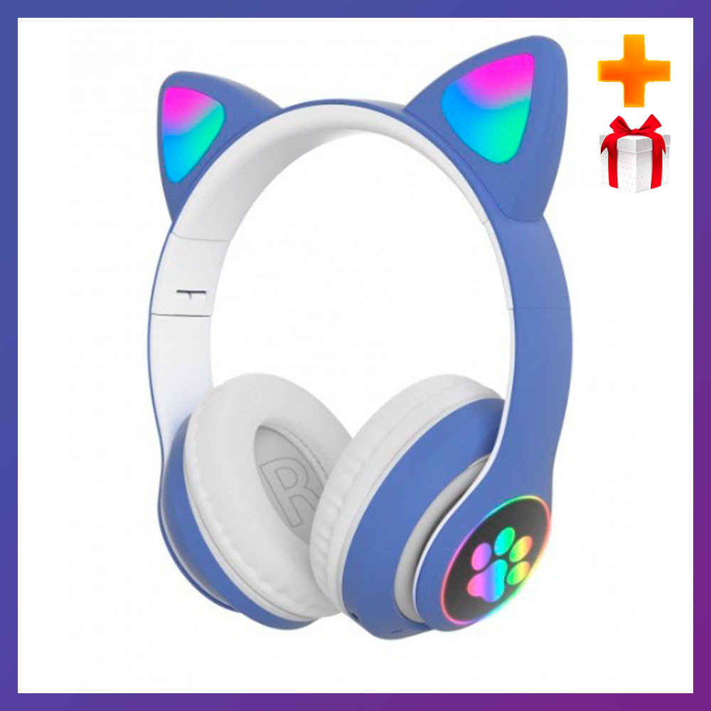 Навушники дитячі бездротові з котячими вушками Котики STN-28 Bluetooth-навушники Синій колір