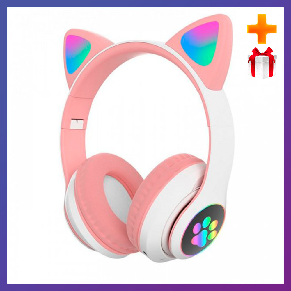 Навушники дитячі бездротові з котячими вушками Котики STN-28 Bluetooth-навушники Рожевий колір