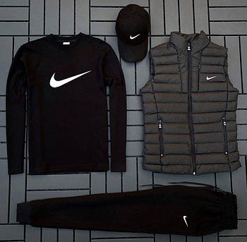 Чоловічий спортивний костюм Nike 4в1 весняний осінній he Комплект Найк звитшот+штани+кепка+жижилетка чорний