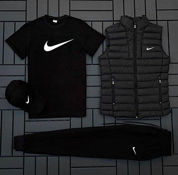 Чоловічий спортивний костюм Nike 4в1 весняний осінній he Комплект Найк футболка+штани+кепка+Ліжка чорний