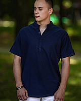 Рубашка льняная мужская с коротким рукавом летняя As темно-синяя Рубашка повседневная на лето