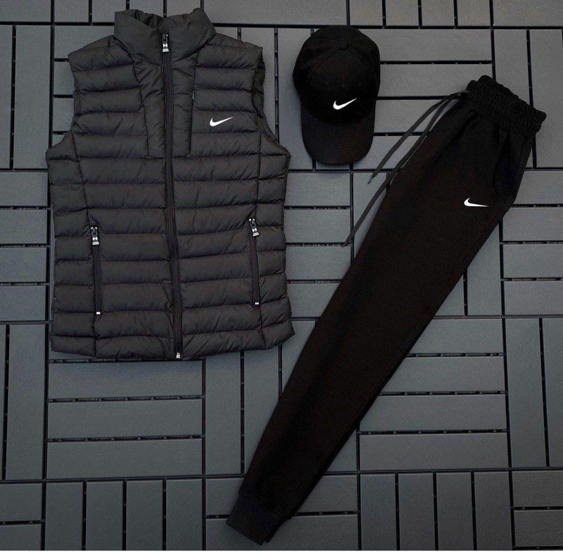 Чоловічий спортивний костюм Nike 3в1 весняний осінній he Комплект чоловічої Найк жилетка+штани+кепка чорний