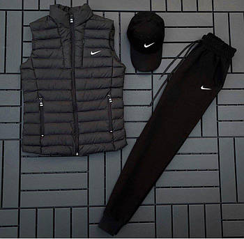 Чоловічий спортивний костюм Nike 3в1 весняний осінній he Комплект чоловічої Найк жилетка+штани+кепка чорний