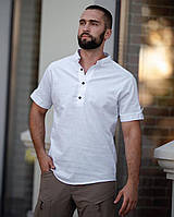 Мужская рубашка льняная с коротким рукавом летняя Gang белая Рубашка лето легкая повседневная ЛЮКС качества