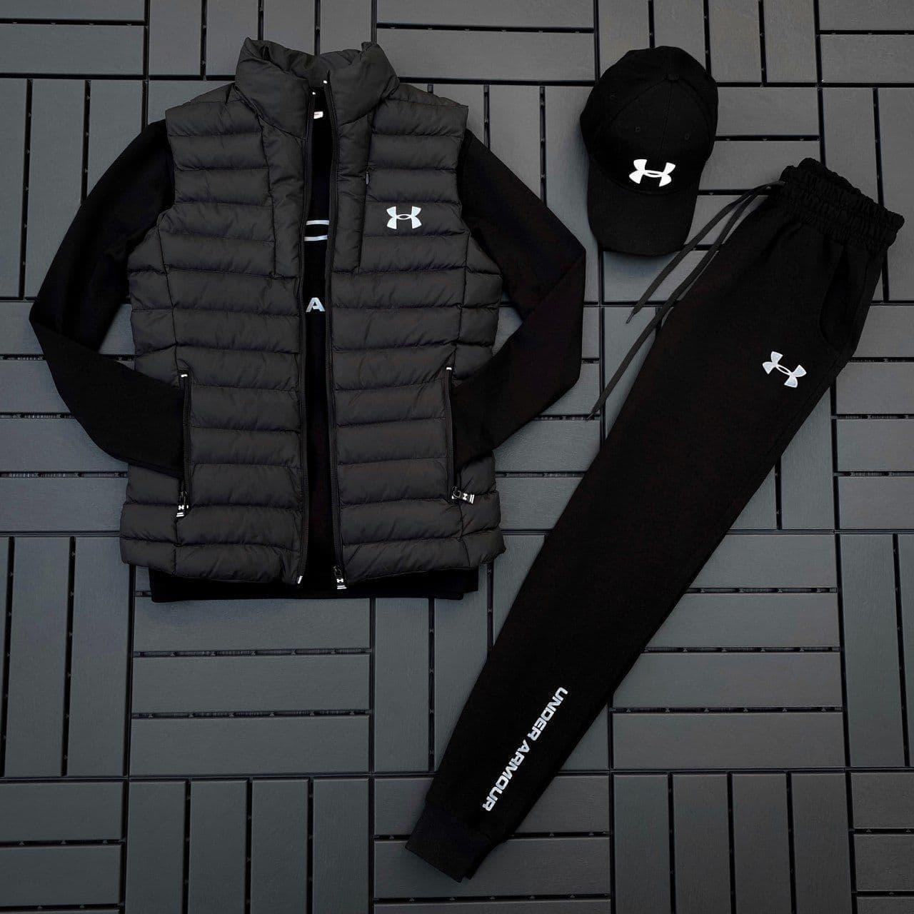 Чоловічий спортивний костюм Under Armour Комплект Андер Армор світшот+штани+кепка+жилетка чорний