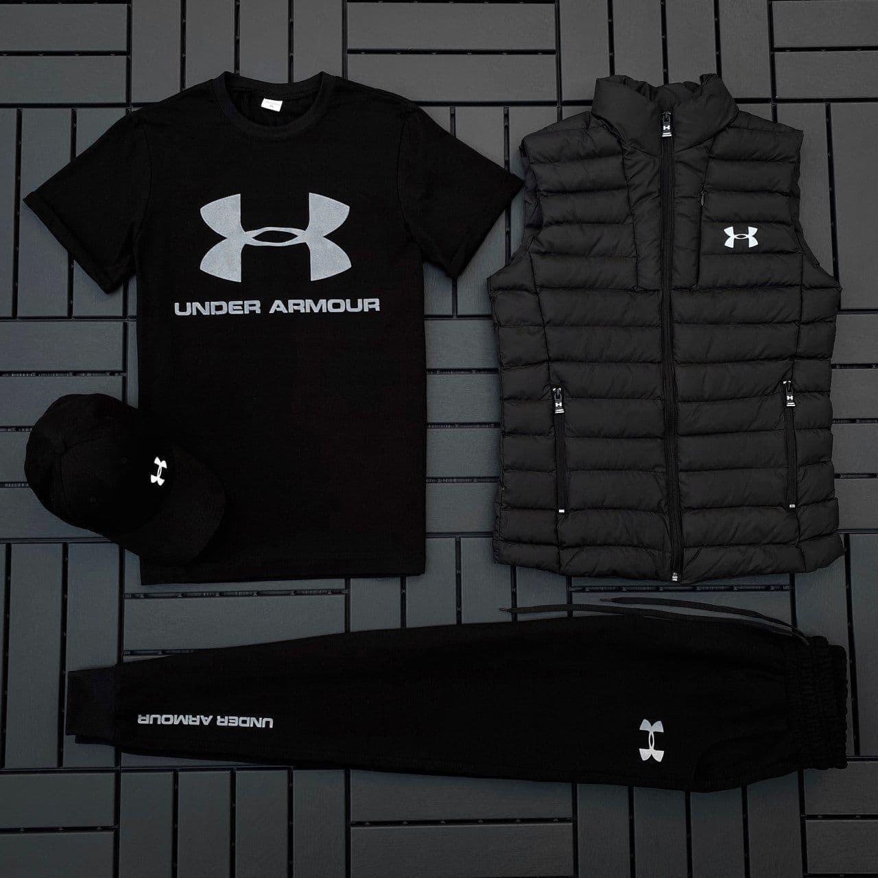 Чоловічий спортивний костюм Under Armour he Комплект Андер Армор футболка+штани+кепка+жижижижижижилетка чорний