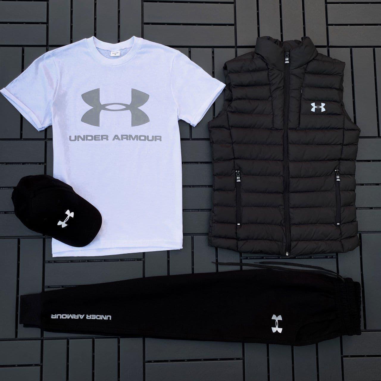 Чоловічий спортивний костюм Under Armour he Комплект Андер Армор футболка+штани+кепка+жижижилетка чорний з білим