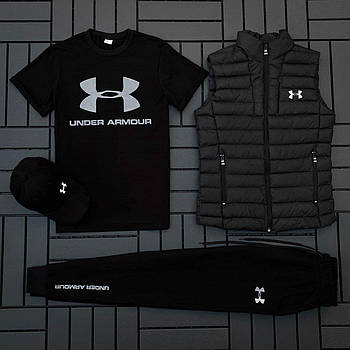 Чоловічий спортивний костюм Under Armour he Комплект Андер Армор футболка+штани+кепка+жижижижижижилетка чорний