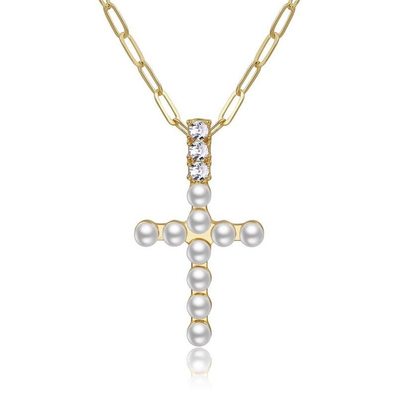 Ланцюг з кулоном у вигляді хрестика з цирконіями та штучними перлами "Zirconfia & Pearl"