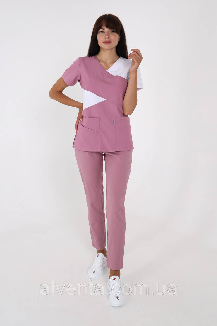 Медичний стрейч костюм Анкара Рожевий з білим, короткий рукав