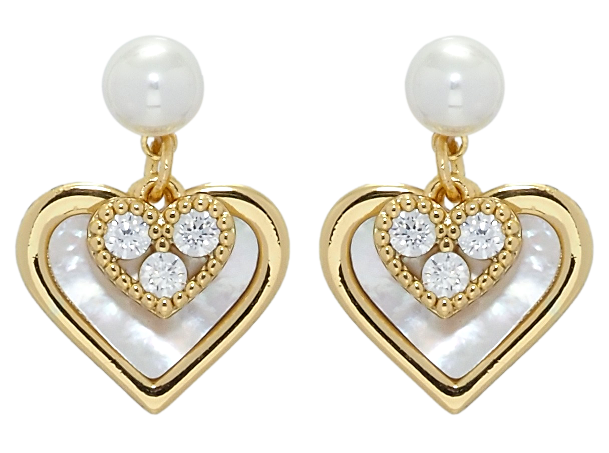 Сережки Xuping QQMM Позолота 14K пусети "Сердечки з перламутровими вставками"