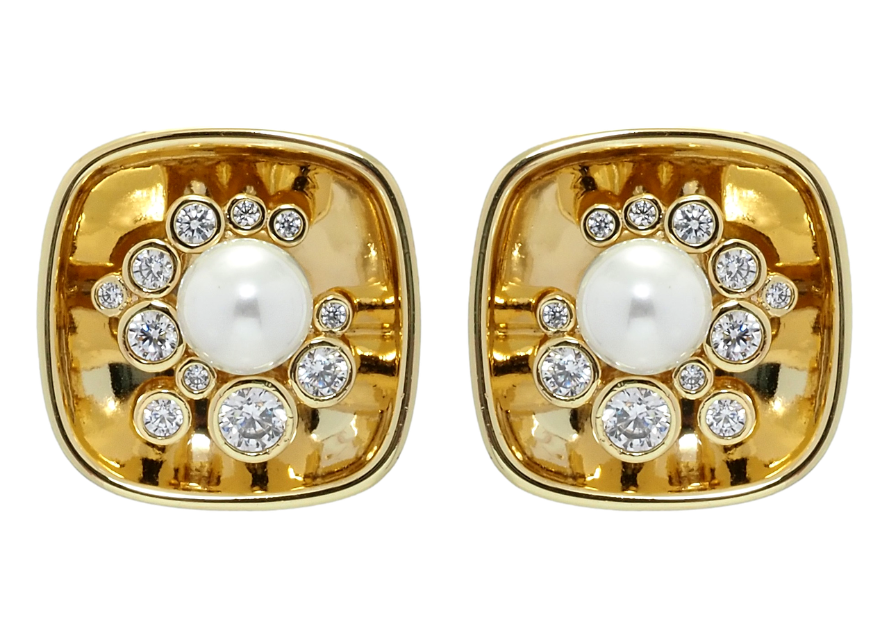 Сережки Xuping QQMM Позолота 14K пусети "Квадратні з цирконієм та перлами" 17х17мм