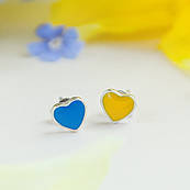 Сережки пусети срібні Сердечки із блакитною та жовтою ємаллю