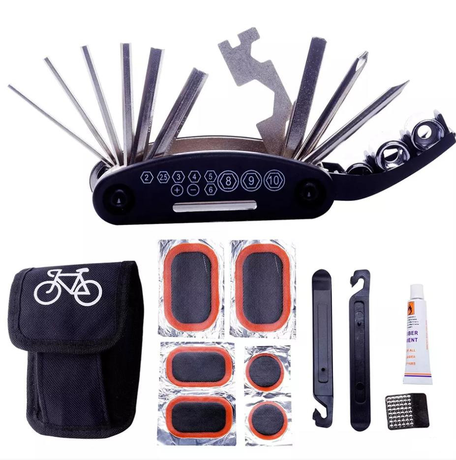 Ремкомплект для велосипеда, велоінструмент (мультитул, клей, латки, монтажні лопатки)