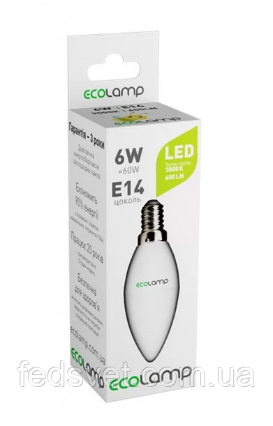Лампа світлодіодна ECOLAMP 6Вт 3000К С37 Е14 600Лм
