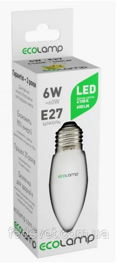 Лампа світлодіодна ECOLAMP 6 Вт 4100 К C37 Е27 600 Лм