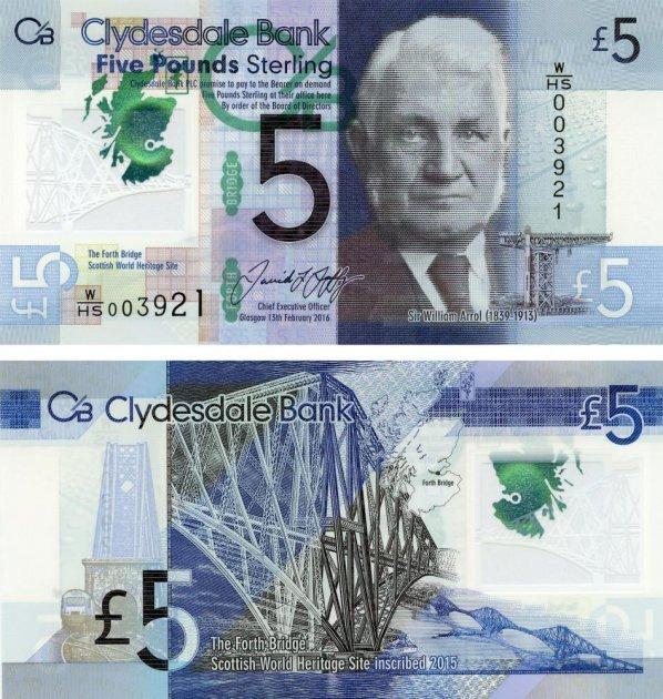 Шотландії 5 фунтів 2016 Полімер UNC Пам'ятна Вільям Аррол Clydesdale bank
