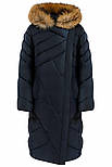 Довгий жіночий пуховик з хутром єнота Finn Flare W19-11012-101 темно-синій M, фото 7