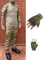 Тактическая военная форма  (тактическая рубашка Убакс UBACS + брюки +ремень+перчатки) камуфляж мультикам L
