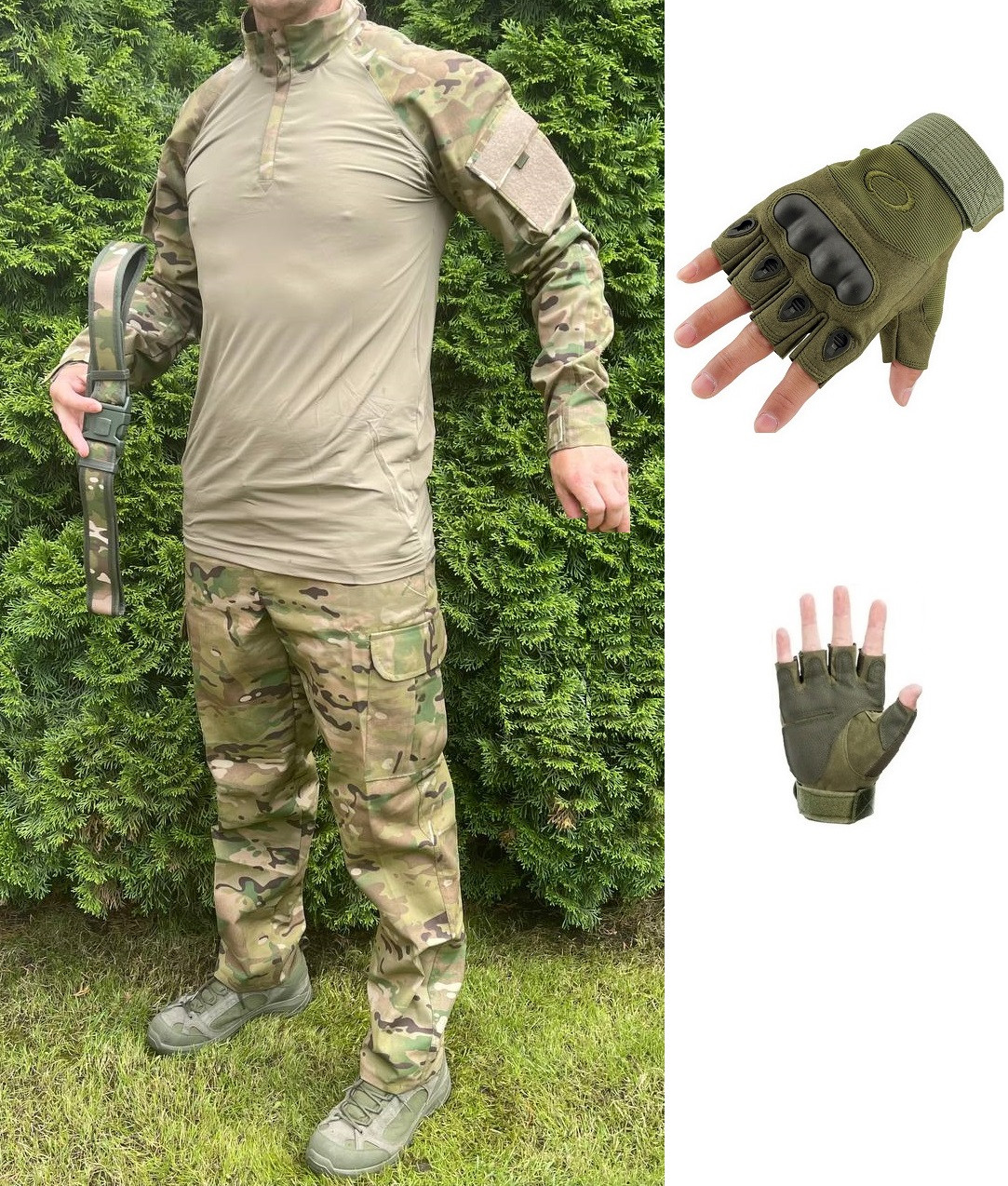 Тактична військова форма (тактична сорочка Убакс UBACS + штани+ремінь+рукавички) камуфляж мультикам