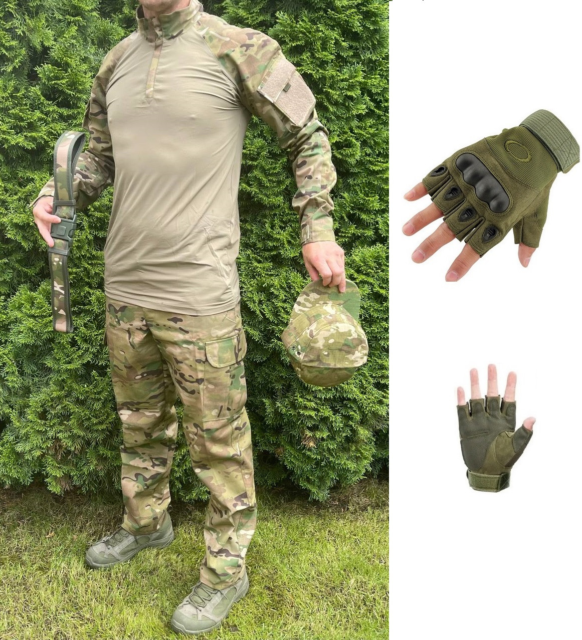 Тактична військова форма (сорочка Убакс UBACS + штани+ремінь+бейсболка+рукавички) камуфляж мультикам