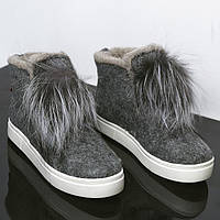 Зимние войлочные ботинки женские слипоны хайтопы с меховым помпоном, внутри овчина, серые 77BM