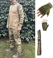 Тактическая военная форма (тактическая рубашка Убакс UBACS +брюки+ремень+перчатки) Attack камуфляж пиксель