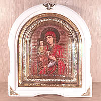 Икона Троеручица Пресвятая Богородица, лик 15х18 см, в белом деревянном киоте, арка