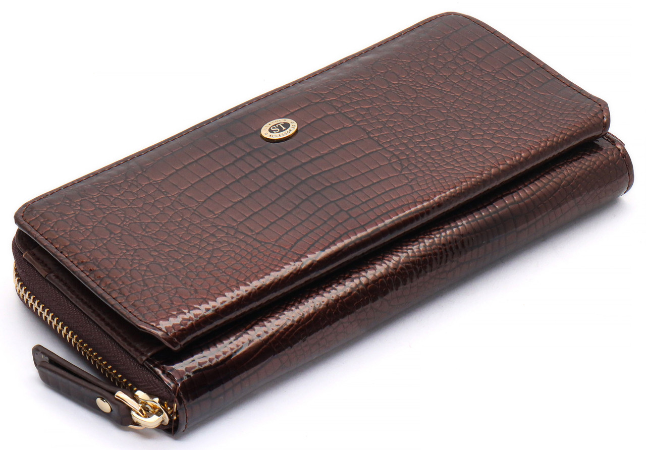 Гаманець темно-коричневий лаковий з натуральної шкіри з блоком для карт ST Leather S7001A