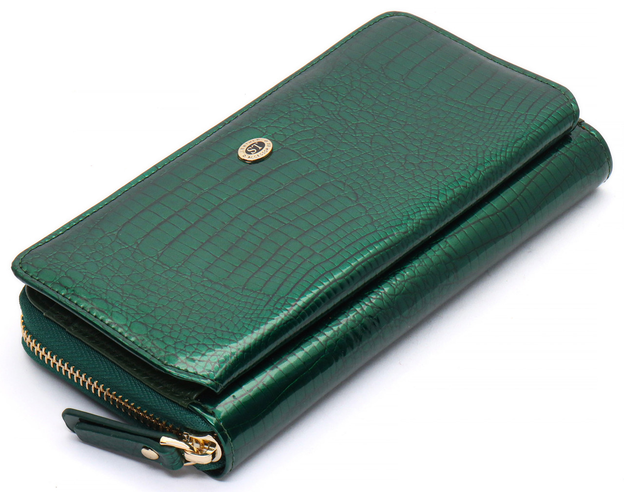 Гаманець зелений лаковий з натуральної шкіри із блоком для карток ST Leather S7001A