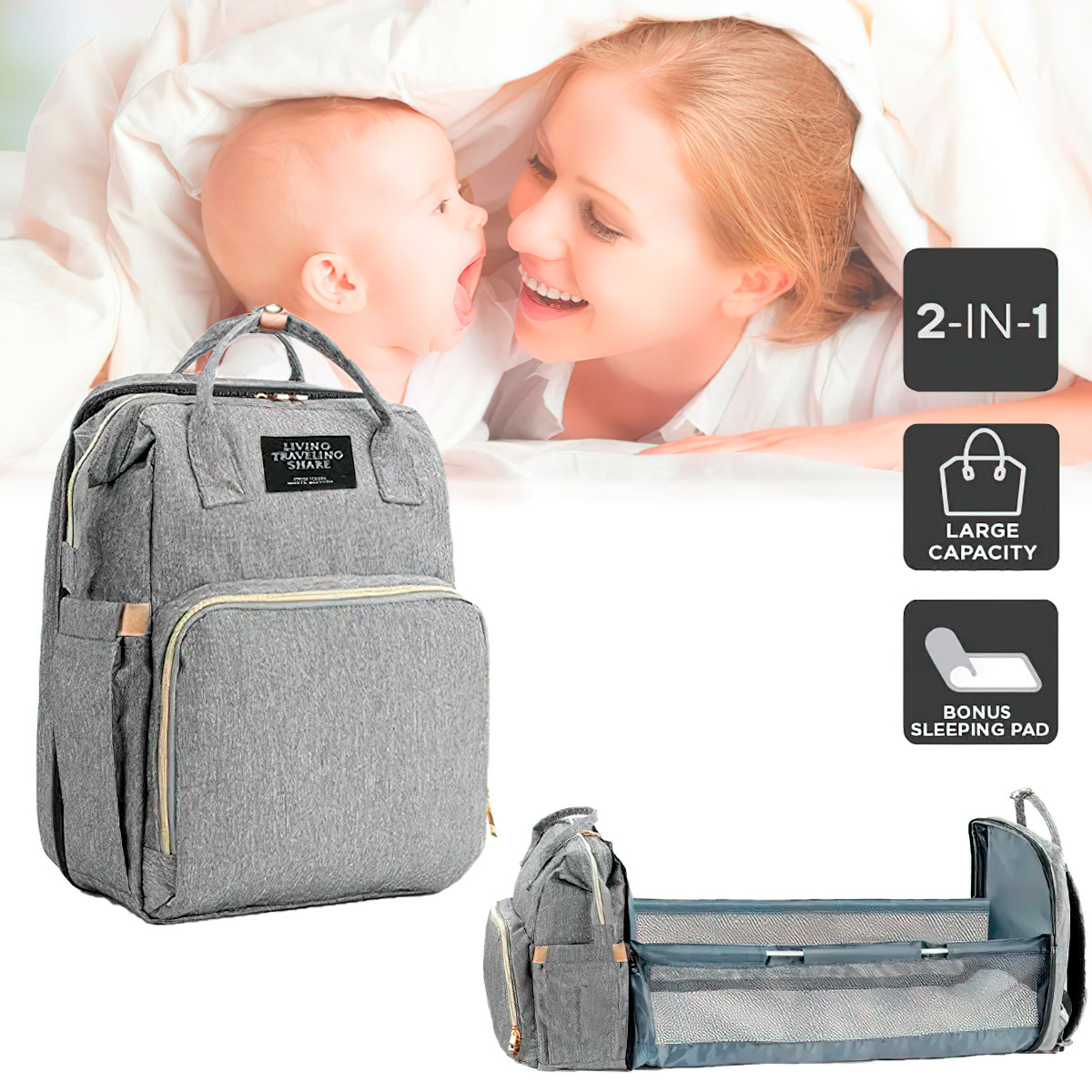 Сумка для мамы и малыша на коляску "Living Traveling Share Baby Travel Bed-Bag" Серая, рюкзак кроватка (NS) - фото 1 - id-p1647868979