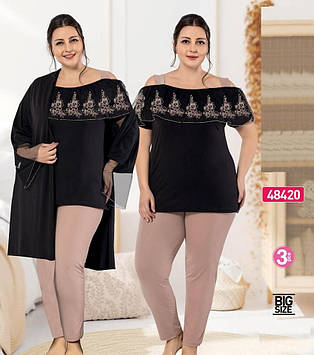 Бежева жіноча піжама великого розміру 52-58 Oversize, комплект 3 предмети Jenika 48420 Туреччина