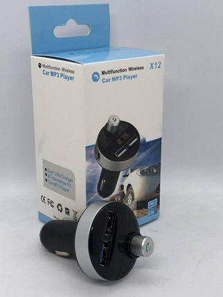 Трансмітер FM-модулятор X12 (bluetooth, 2 USB, кнопка відповіді, кольорова коробка) Black, фото 2