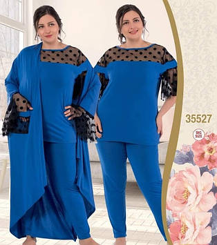 Синя жіноча піжама великого розміру з халатом 52-58 Oversize, комплект 3 предмети Jenika 35527 Туреччина
