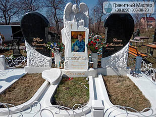 Оригінальний елітний сімейний пам'ятник з білого мармуру та чорного граніту зі скульптурою янгола № 3