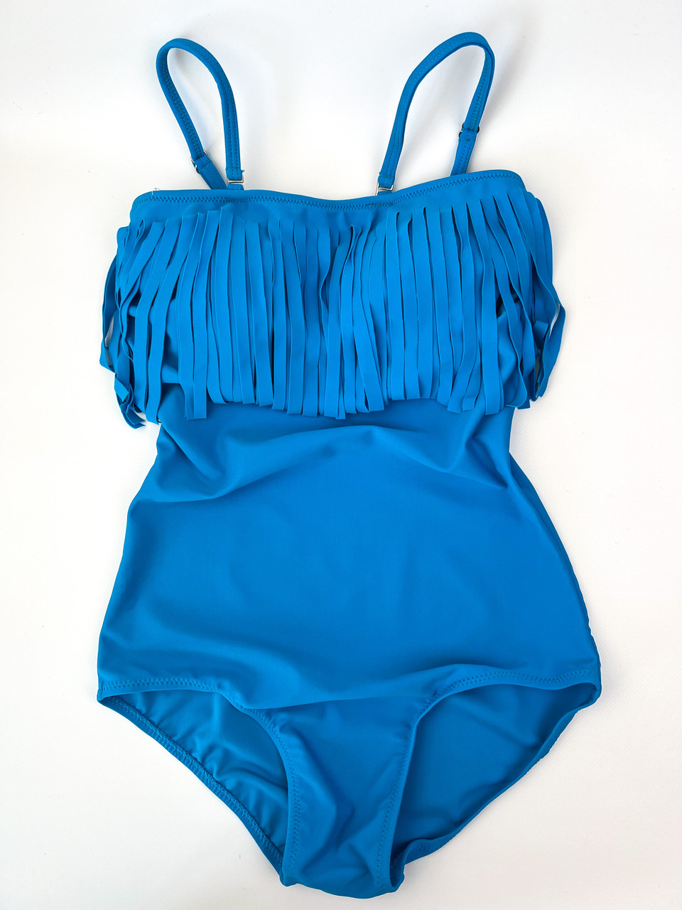 Жіночий суцільний купальник з бахрамою блакитного кольору, фото 1