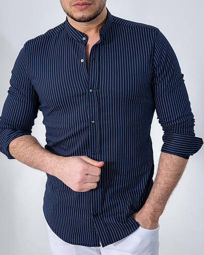 Купить Модная Рубашка Стойка Тонкий Джинс В Мелкую Полоску Темно-синий ...