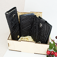 Подарочный мужской набор №61 "Ukraine" (черный) в коробке: портмоне + обложка на права + ключница