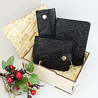 Подарунковий чоловічий набір №62 "Ukraine" (чорний) у коробці: портмоне + обкладинка на паспорт + ключниця